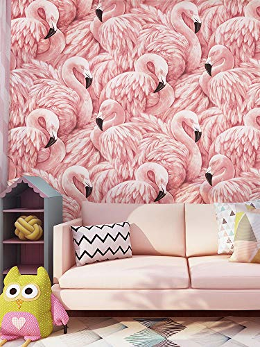Prior.choice 10X0.53M Romantic Baby Pink Flamingo Feathers Textured Non-Woven Wallpaper Roll for Bedroom Livingroom 1.73' W x 32.8' L=5.3㎡ (57sq.ft)