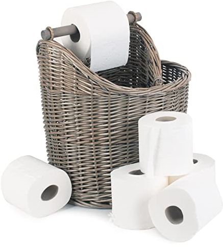 Large Wicker Toilet Roll Holder Basket Holds 5 Rolls - Loo Paper Storage Free Standing for the Bathroom - Vintage Woven Box with Wooden Holder