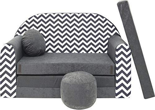 BDW Schlafsofa für Kinder mit Sitzhocker/Kissen, Coton, GRAU 168 x 98 x 60 cm