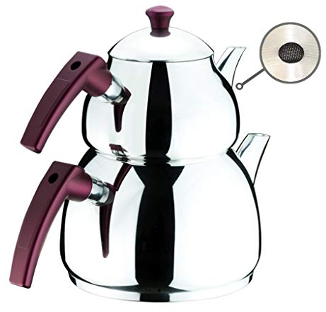 Set di teiera turco per piano cottura, in acciaio inox, doppia teiera con manico in bachalite, stile Samovar, bollitore da tè autofiltrato, marrone, medio 2,8 qts