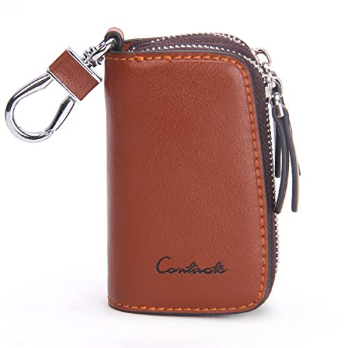 Contacts Funda de Cuero para Llaves de Coche Llavero Bolsa Unisex Grande 2 Cremalleras Cartera de Cuero Funda Llave de Coche, marrón, Taille unique
