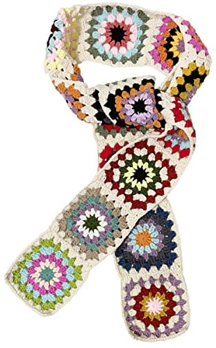 BIBITIME Handmade Knit Colorful Granny Square Crochet Scarf Women Mother's Day Lady Neck Warp (Multi Random)