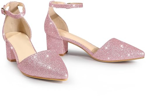 Perphy Women Glitter Chunky Heel Pointed Toe Ankle Strap Mary Jane Pumps