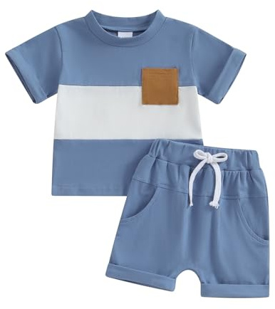 XIXIMAON Conjunto de pantalones cortos de bebé niño de verano y camiseta de manga corta patchwork bloque de color ropa conjunto infantil, Azul oscuro., 12-18 Meses