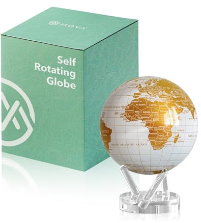 MOVA Globe Pärlvit & Guld Prestige (8,5) | Självroterande jordglob drivs av ljus | Tystgående, inga batterier eller sladdar | Skrivbordsdekoration & present för rymdintresserade