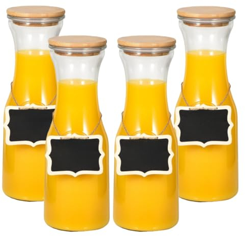 MEETOZ Caraffa in vetro, dispenser per bevande con coperchi e etichette in bambù, per acqua, succhi, tè freddo, bevande, vino, mimosa, 1000 ml (set da 4)