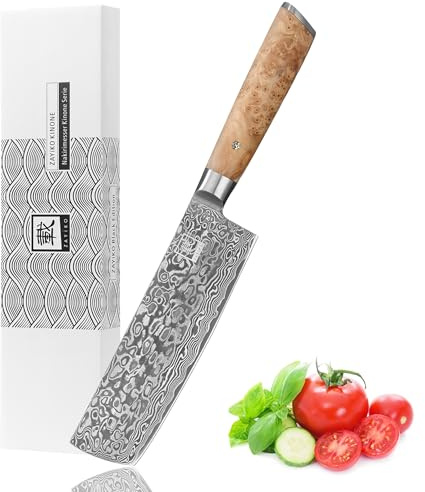 zayiko Kinone Premium Nakirimesser Classic mit 17,5 cm Klinge gefertigt aus 67 Lagen echtem Damaststahl mit Wurzelholzgriff Birke I Damastmesser Küchenmesser und Profi Kochmesser
