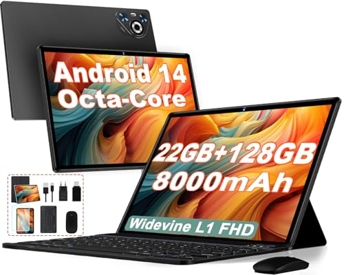 Dghrti Tablet 10 Zoll Android 14, 22GB RAM 128GB ROM/TF 1TB, Octa-Core Prozessor, 8000mAh, BT5.0, 8MP+5MP, Dual WLAN, Face ID, Widevine L1, Augenschutz, Tablet mit Tastatur & Maus Metallkörper-Schwarz