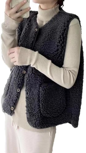 TBSCWYF Chaleco Mujer Chaleco de Teddy Fleece sin Mangas Otoño Invierno Casuales Chaleco de Felpa Corto Ligero Suave Cuello en V Chaleco Exteriores con Bolsillos Chaleco Polar de Peluche para Mujer