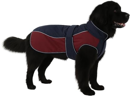 Flamingo Hundemantel Winter – Eisberg Dunkelblau & Bordeaux – 75cm – Polyester – wasserabweisend – reflektierende Streifen – Bauchriemen mit Klettverschluss – Geschirröffnung