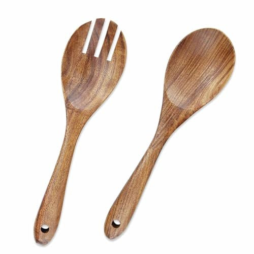 2 Pieces Wooden Salad Servers,10.2 inches Wood Serving Spoons Set Salad Mixing Dinner Fork and Spoon Long Handle Salad Tongs Kitchen Cooking Utensil Cutlery Set