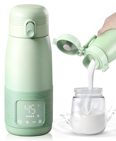 Tragbarer Flaschenwärmer, 500ml Flaschenwärmer Baby Unterwegs Präzise Temperaturkontrolle 37 Bis 55 Grad Einstellbar für Reisen Nachtfütterung (Grün)