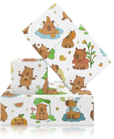 Capybara - Papel de regalo de cumpleaños para niños y niñas, bonito papel de regalo para cumpleaños o baby shower, 4 hojas plegadas planas de 20 x 28 pulgadas por hoja