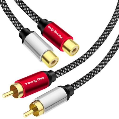 Yeung Qee 2RCA hane till 2RCA honförlängningskabel, 2 x nylonflätad RCA-förlängningskabel 2 RCA hona stereoljud förlängningskabel (0,5 m)