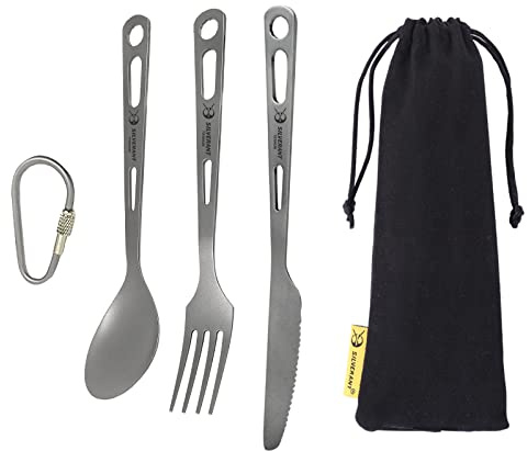 SILVERANT Juego de cubiertos de titanio de 3 piezas, extra resistentes, ultraligeros, duraderos, con cuchillo, tenedor y cuchara, para exteriores, con acabado arenado.