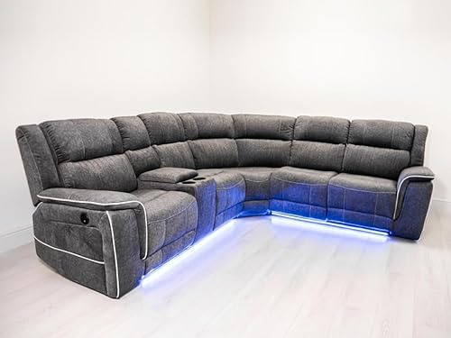 Hannah Electric Recliner 3+2 Sofa Set With Cupholders – 3+2 Seater – Soft Grey Micro Fabric – LED Lights & USB Ports (Corner)