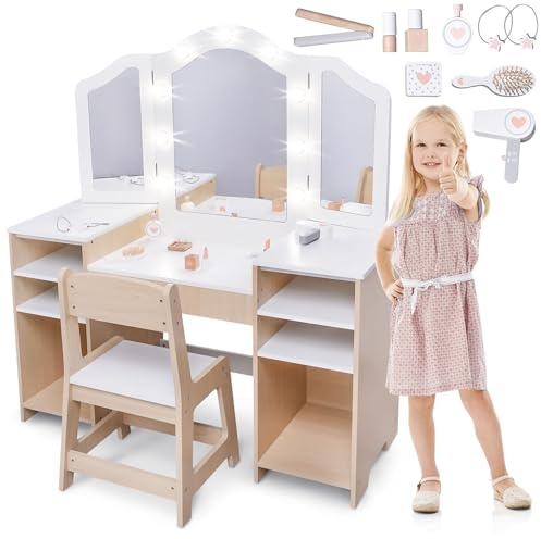 Mamabrum Sminkbord i Trä för Barn Med Stol och LED – MAM238 Set med 9 Tillbehör och Sidospeglar – Multifunktionellt Bord för Lek Smink Ritning och Förvaring – Från 3 År