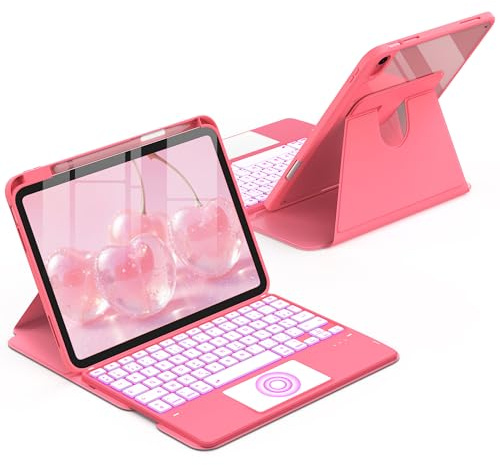 CACOE Étui Clavier Rotatif 360° pour iPad (A16) 11/10 EME Génération (11/10,9) 2025/2022 avec Pavé Tactile, Rétroéclairage 7 Couleurs, Clavier sans Fil Détachable avec d'assistance, Rose