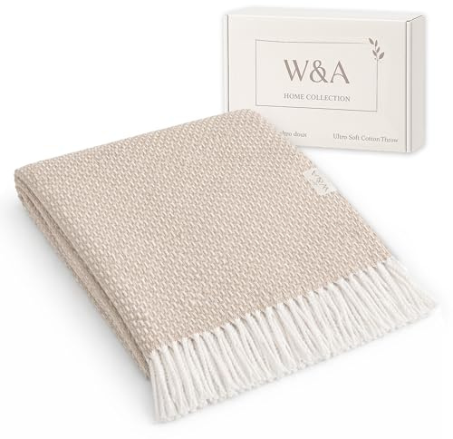 W&A Coperta Estiva 130x170 cm – Telo Divano in Cotone Bouclé, Coperta Leggera per Terrazza, Pique-Nique e Arredo Casa, con Scatola Regalo e Sacchetto Lavanda (Beige)
