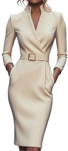 Robe fourreau raffinée avec ceinture et col mandarin, manches longues, col en V, élégant blazer pour le bureau et les affaires, abricot, XL