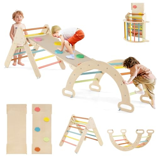 GYMAX 3 in 1 Kids Climbing Set, Wooden Toddler Climber with Reversible Ramp and Arch, Outdoor Indoor Climbing Frame for 1 Years Old + Boys Girls (Macaron Colour)