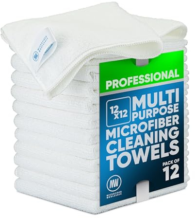 MW PRO Microfiber Cleaning Cloths White (12 Pack, 12x12) - Commercial Janitorial Towels & Lint Free Rags - Heavy Duty for Auto Detailing, Glass Windows, Housekeeping & Screens - Washable 300+ Times