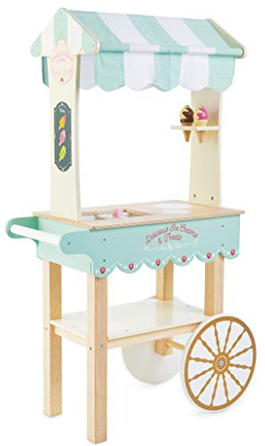 Le Toy Van - TV327 - Spielzeug-Eiswagen-Lernspiel für Kinder, 3 Jahre, aus Holz, umweltfreundliches Montessori-Spiel, mit Rädern, inklusive 2 Eiscremes und 2 Kegeln, realistisches Stoffdach