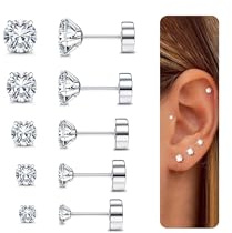 CASSIECA 5Paia Orecchini Acciaio Chirurgico Set Orecchini Anallergici per Donna Uomo Argento Piercing Orecchio Acciaio Chirurgico CZ 2/3/4/5/6MM Cartilagine Trago Helix Piercing