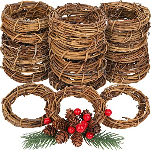 Ruisita 24 Pieces 4 Inch Grapevine Wreaths Vine Branch Wreath Natural Christmas Rattan Wreath Garland Decoration for Christmas Holiday Craft or Wedding Supplies