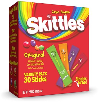 Skittles Singles To Go Variety Pack, Powdered Drink Mix, Zero Sugar, Low Calorie, Includes 4 Flavors: Green Apple, Strawberry, Grape, Orange, 1 Box (30 Single Servings)