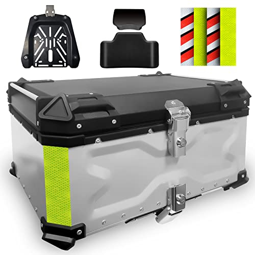 VOKKA Topcase Motorrad, 65L Aluminiumlegierung Topcase für Roller, Wasserdicht, Staubdicht und Diebstahlsicher, Motorradkoffer mit Rückenlehne und InstallierenTrägerplatte (Silber)