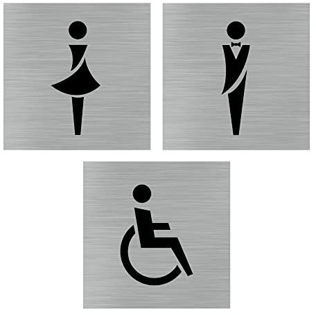 Pictogramme WC. Lot de 3 pictogrammes Toilettes Hommes, Femmes, Handicapés. Format carré 150 x 150 mm. Autocollant Souple ou Plaque Alu Rigide 2mm - Plaque aluminium brossé - Plaque aluminium brossé -