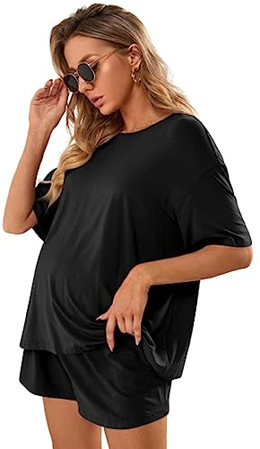 Verdusa Women's Maternity Pajama Set 2 Piece Drop Shoulder Top and Short Lounge Sets Black L