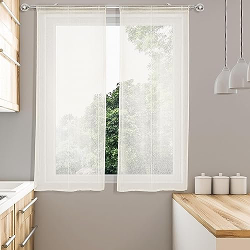 HOMEYA - Cortina cocina tranaparente 2 unidades - Visillo para cocina diseño de rayas 2 paneles para ventana - 45 x 120 Beige
