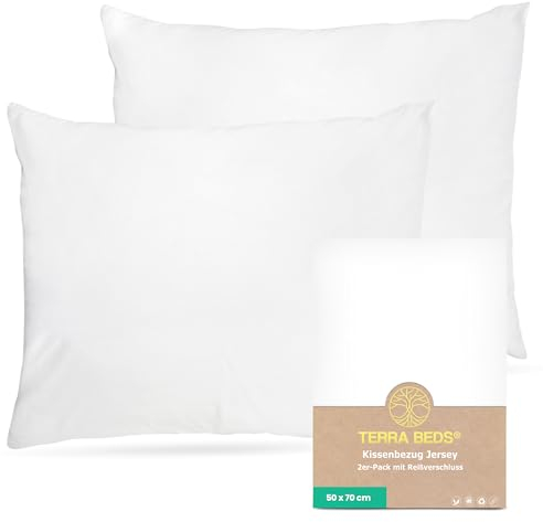 Terra Beds Kissenbezug 50x70 (Set mit 2) - 100% Baumwolle Jersey 160 g/m², Oeko-Tex Zertifiziert - Kopfkissenbezug für Kissen 50x70 mit Reißverschluss, dehnbarem weich und atmungsaktiv - (Weiß)