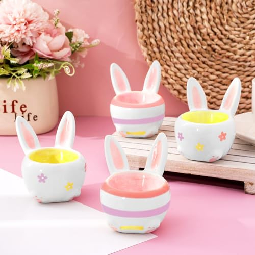 JarThenaAMCS Spring Easter Bunny Ceramic Egg Cup,Set of 4 Colorful Cute Rabbit Porcelain Egg Holders Decorations Boiled Cooking Tools Stable Easy to Clean for Easter Breakfast Party Dining Time