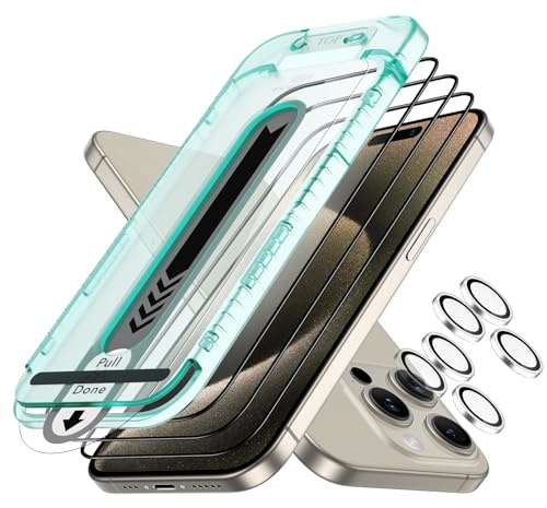 ESR iPhone 15 Pro Max Armorite skärmskydd set, extremt robust härdat glas, ram för enkel montering, 3 stycken med 2 uppsättningar individuellt kameraskydd