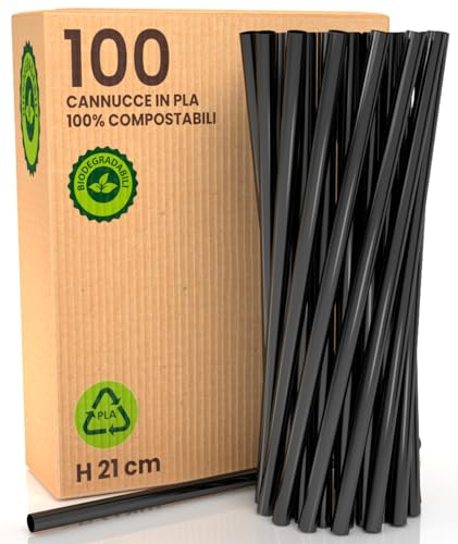 100 Cannucce Rigide e Riutilizzabili 100% Ecologiche e Compostabili - 21 cm x 6 mm, Made in Italy - Ideali per Bevande, Cocktail, Eventi e Feste – Colore Nero