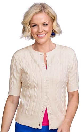 Chums Ladies Short Sleeve Cable Cardigan Soft Knitwear with Matching Buttons Cream 16-18