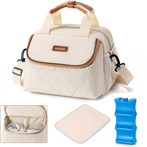 BABEYER Breastmilk Cooler Bag with Ice Pack Fits 6 Baby Bottles up to 9 Ounce, Wearable Breast Pumps Cooler Bag for Nursing Mom Daycare, Work, Travel- Cream
