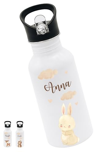 Bärenfreunde® - Personalisierte Trinkflasche Kinder Edelstahl [ 500ml ] - Robuste Trinkflasche mit Namen - Wasserflasche mit Trinkhalm - Personalisierte Geschenke für Kinder (Hase)