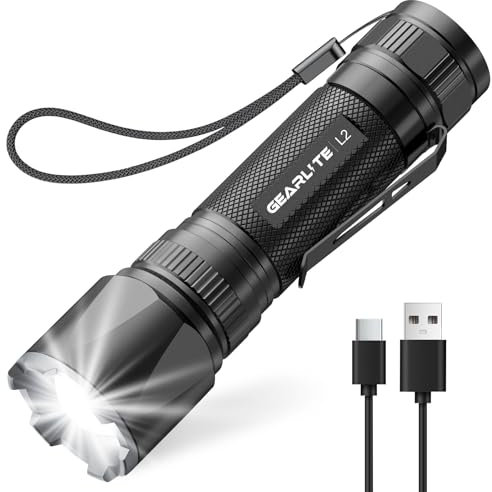 GEARLITE Taschenlampe Led Aufladbar, Superhelle Zoombare 2200 Lumen Mini Torch mit 3 Lichtmodi & Langer Betriebsdauer, IP65 Wasserdicht Taktische Handlampe für Camping Angeln Wandern Outdoor, Notfäll