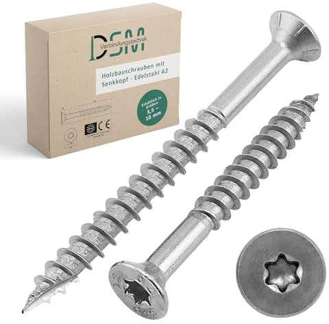 DSM – Tornillos de acero inoxidable A2 – 5 x 120 mm – Tornillos de cabeza avellanada TX25 – Parte inferior de la cabeza reforzada con nervaduras de fresado y punta de corte – Muesca de corte –