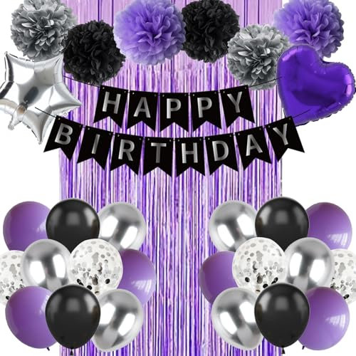 Wiletasz Black Purple and Sliver Happy Birthday Party Decorations Balloons, Purple Birthday Decorations with Banner Curtains for Women Men