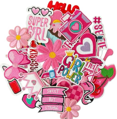AXEN Embroidered Iron on Patches for Girls, Pink Girls Applique for Clothes, Hat, Backpack, Jeans, DIY Accessories, Pack of 30