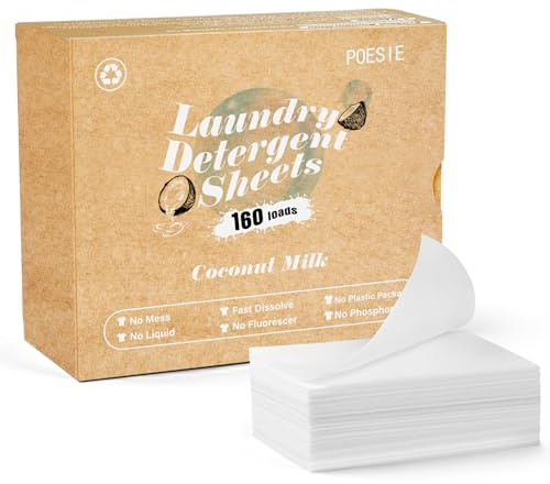 Poesie Laundry Detergent Sheets Coconut Milk Scent 160 Count Non Plastic Jugs Portable Laundry Soap Sheet for Clothes Washing Indoor and Outdoor Essentials