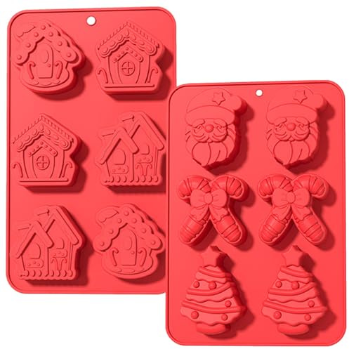 Christmas Silicone Mould, 2Pcs Christmas Chocolate Moulds, 6-Cavity Candy Baking Molds, Father Christmas Tree Jelly Molds, for Christmas Xmas New Year Cake DIY Decoration