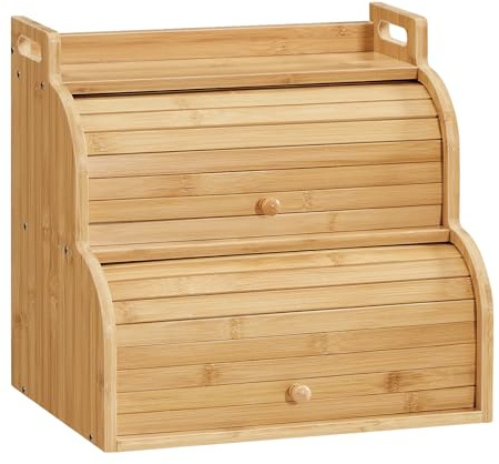 HOOBRO Bread Box, Bamboo Bread Box for Kitchen Countertop, 2-Tier Roll-Top Bread Bin, Food Storage Box, Bamboo Storage Cabinet with Handles, for Kitchen, Dining Room, Natural YL15MB01