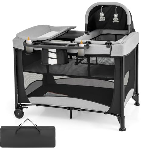 DREAMADE 5 in 1 Reisebett Baby mit Matratze, 110 x 78 cm Beistellbett mit Wiege & Wickelauflage, Babybett Komplett Set für Neugeborene & Baby bis 36 Monate (Schwarz)