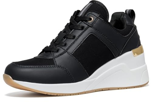Cestfini Wedge Trainers Platform Shoes for Women - Ladies Heeled Casual Comfortable Lace-up Walking Trainers Fashion Heeled PGYDX06W-174-RT-EU-BLACK Gold-4.5